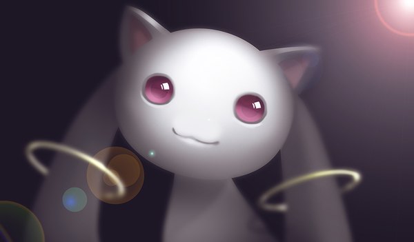 Anime picture 880x515 with mahou shoujo madoka magica shaft (studio) kyuubee ecat single looking at viewer simple background wide image upper body pink eyes lens flare black background portrait light no people :3 cute ring creature