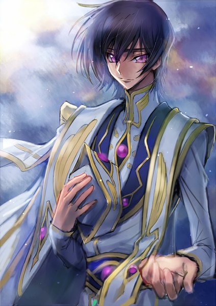 Anime picture 675x956 with code geass sunrise (studio) lelouch lamperouge c (rahit) single tall image looking at viewer fringe short hair black hair hair between eyes standing purple eyes holding upper body long sleeves light smile outstretched hand headwear removed boy