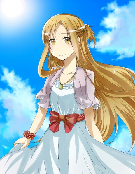 Anime picture 2000x2591 with sword art online a-1 pictures yuuki asuna getsuyoubi madine08260 mady (madine08260) single long hair tall image looking at viewer highres blonde hair smile yellow eyes sky cloud (clouds) half updo wrist scrunchie girl dress