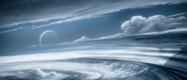 Anime picture 1024x441 with original justinas vitkus wide image sky cloud (clouds) landscape planet