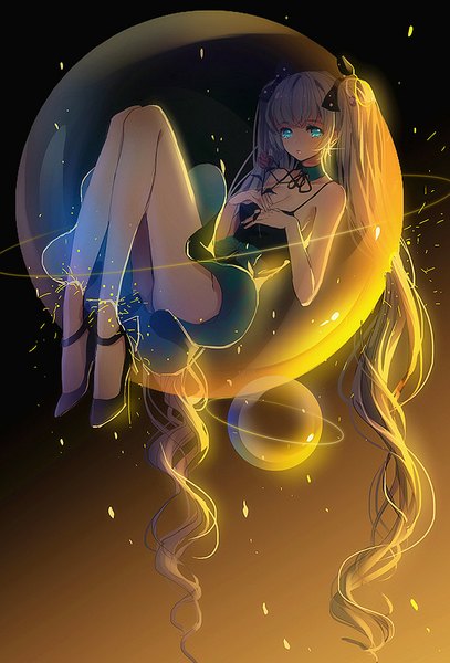 Anime picture 678x1000 with vocaloid hatsune miku miemia single tall image looking at viewer fringe breasts light erotic large breasts twintails holding cleavage bent knee (knees) ass very long hair aqua eyes grey hair high heels sleeveless