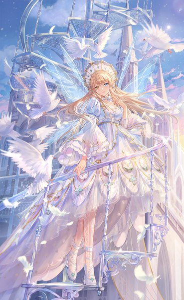Anime picture 2160x3508 with shining nikki queen hestia criin single long hair tall image looking at viewer fringe highres blue eyes blonde hair smile standing yellow eyes sky cloud (clouds) full body outdoors blunt bangs wind