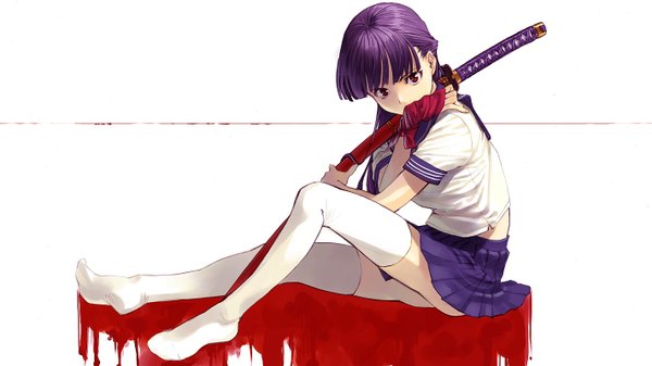 Anime picture 1421x800 with original shimotsuki eight single long hair looking at viewer fringe wide image sitting purple hair full body blunt bangs no shoes zettai ryouiki soles weapon over shoulder girl thighhighs skirt uniform weapon