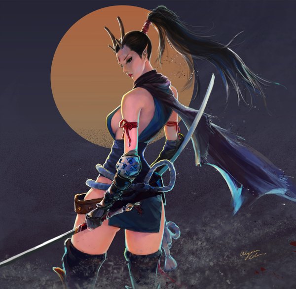 Anime picture 1280x1248 with original wayne chan single long hair light erotic black hair simple background bare shoulders holding signed ponytail horn (horns) pointy ears black eyes lipstick sideboob oni horns dual wielding face paint girl