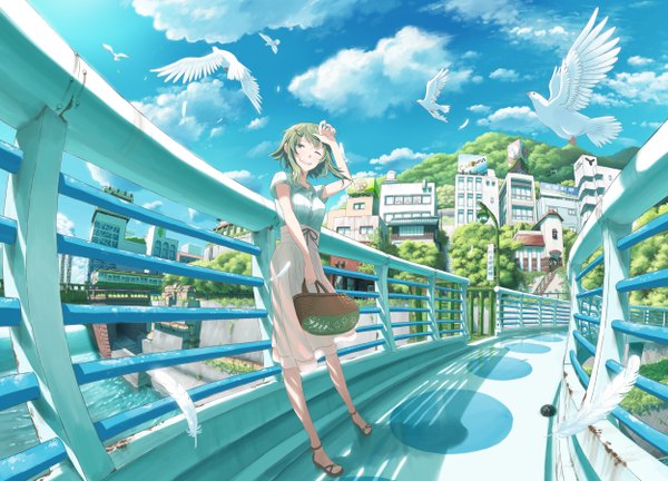 Anime picture 2500x1800 with vocaloid gumi inoki-08 single highres short hair green eyes looking away sky cloud (clouds) one eye closed green hair wink city river girl skirt hair ornament animal hairclip