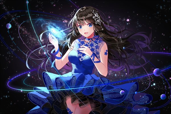 Anime picture 1000x666 with original silence girl single long hair looking at viewer blush fringe breasts open mouth blue eyes black hair smile hair between eyes :d sleeveless floating hair frilled dress space star print milky way
