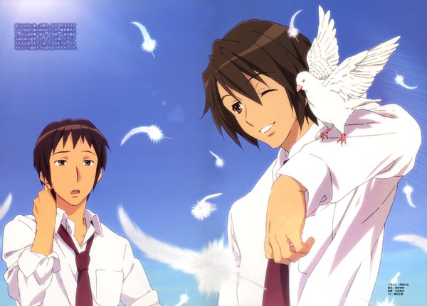 Anime picture 5680x4081 with suzumiya haruhi no yuutsu kyoto animation kyon koizumi itsuki nishiya futoshi highres sky scan boy tagme