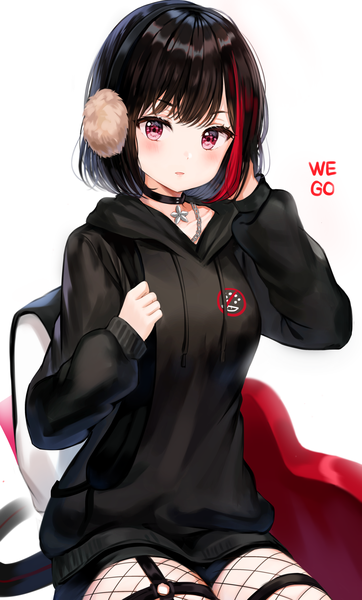 Anime picture 2000x3308 with bang dream! mitake ran tokkyu single tall image looking at viewer blush fringe highres short hair black hair simple background red eyes white background sitting long sleeves parted lips multicolored hair two-tone hair streaked hair