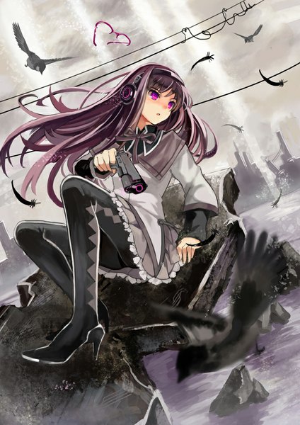 Anime picture 707x1000 with mahou shoujo madoka magica shaft (studio) akemi homura tsukii single long hair tall image blush sitting looking away purple hair pink eyes high heels girl skirt ribbon (ribbons) weapon miniskirt animal pantyhose