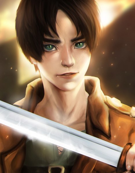 Anime picture 2313x2969 with shingeki no kyojin production i.g eren yaeger arishimakiss single tall image looking at viewer highres short hair brown hair green eyes portrait boy uniform weapon sword military uniform