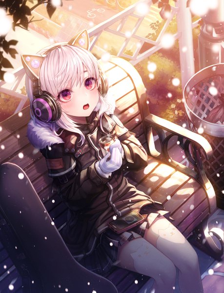 Anime picture 2496x3260 with original axent wear headphones chyopeuteu single long hair tall image blush fringe highres open mouth hair between eyes red eyes sitting holding animal ears bent knee (knees) outdoors white hair long sleeves pleated skirt