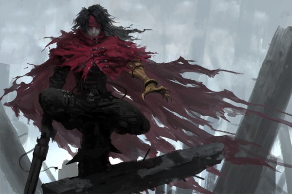 Anime picture 1300x865 with final fantasy final fantasy vii square enix vincent valentine diaodiao single long hair looking at viewer black hair red eyes standing sitting bent knee (knees) torn clothes smoke squat ruins destruction boy weapon