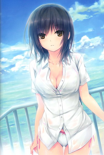Anime picture 4417x6559 with original aoyama sumika coffee-kizoku single tall image looking at viewer blush highres short hair breasts light erotic black hair large breasts brown eyes absurdres sky cleavage cloud (clouds) wet clothes wet shirt