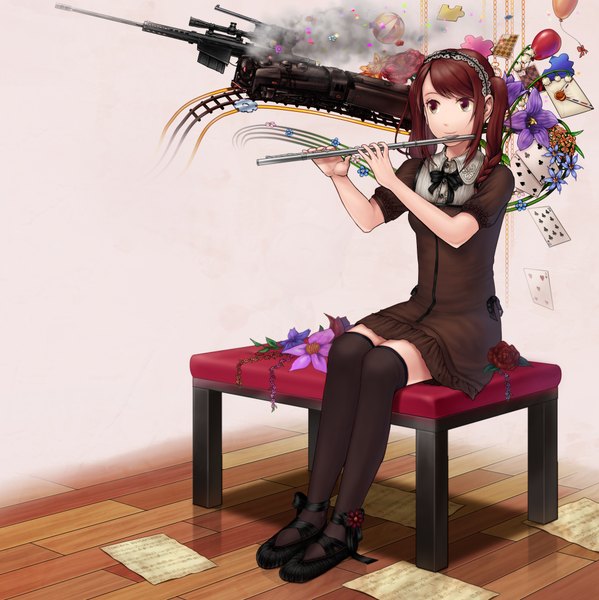 Anime picture 1908x1912 with original mojuke single long hair tall image highres brown hair sitting brown eyes girl thighhighs dress flower (flowers) weapon black thighhighs hairband train