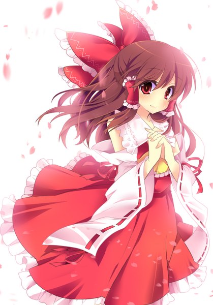 Anime picture 2161x3096 with touhou hakurei reimu enje (pixiv3289887) single long hair tall image blush highres simple background smile red eyes brown hair white background miko girl bow hair bow detached sleeves petals
