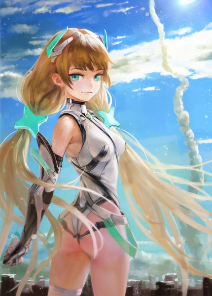 Anime picture 1376x1920 with expelled from paradise angela balzac arata yokoyama single long hair tall image looking at viewer blue eyes light erotic blonde hair standing twintails sky cloud (clouds) ass outdoors looking back from behind alternate costume low twintails