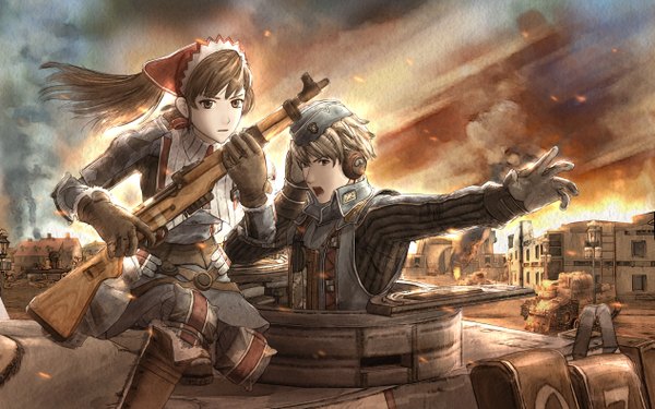 Anime picture 5052x3158 with valkyria chronicles alicia melchiott welkin gunther long hair looking at viewer highres short hair open mouth brown hair wide image brown eyes sky official art smoke battle war girl boy gloves uniform