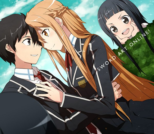 Anime picture 1000x869 with sword art online a-1 pictures yuuki asuna kirigaya kazuto yui (sao) yamaki suzume long hair blush short hair open mouth black hair brown hair multiple girls brown eyes black eyes hug girl boy uniform 2 girls