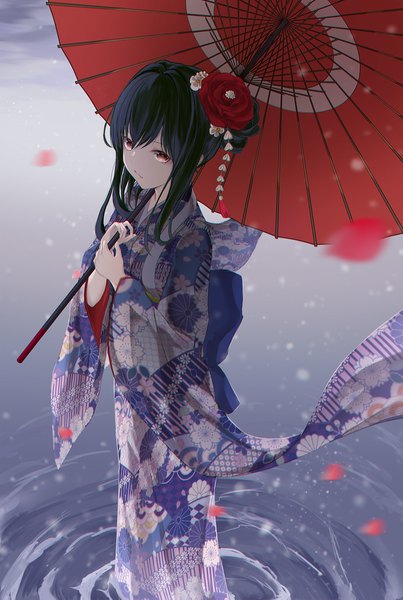 Anime picture 1200x1787 with original merry hearm single long hair tall image looking at viewer fringe black hair hair between eyes standing brown eyes payot traditional clothes japanese clothes from above blurry wide sleeves floral print snowing new year
