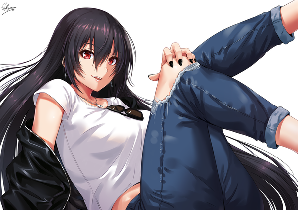 Anime picture 1414x1000 with kantai collection nagato battleship sakiyamama single long hair looking at viewer fringe breasts open mouth black hair simple background hair between eyes red eyes large breasts white background sitting signed payot nail polish fingernails