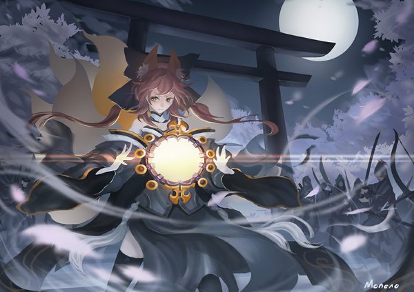 Anime picture 1126x797 with fate (series) fate/extra type-moon tamamo (fate) (all) tamamo no mae (fate) monono long hair brown hair brown eyes animal ears sky cloud (clouds) japanese clothes night magic army girl weapon petals moon