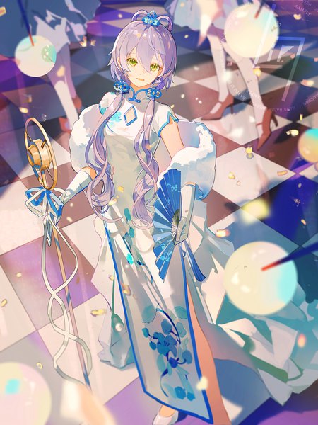 Anime picture 1300x1733 with vocaloid vocaloid china luo tianyi lirseven long hair tall image looking at viewer fringe hair between eyes twintails green eyes purple hair traditional clothes from above low twintails chinese clothes solo focus checkered floor floor girl