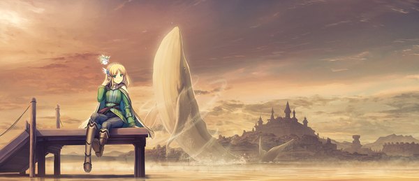 Anime picture 2193x945 with leadale no daichi nite cayna  (leadale no daichi nite) tenmaso highres short hair blue eyes blonde hair wide image sitting multiple girls looking away sky cloud (clouds) full body bent knee (knees) outdoors official art city cityscape fantasy