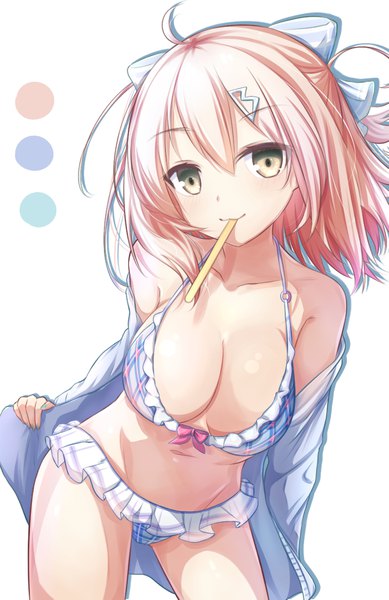 Anime picture 1265x1949 with fate (series) fate/grand order okita souji (fate) (all) okita souji (koha-ace) jiang xin single tall image looking at viewer fringe short hair breasts light erotic blonde hair simple background hair between eyes large breasts standing white background bare shoulders holding