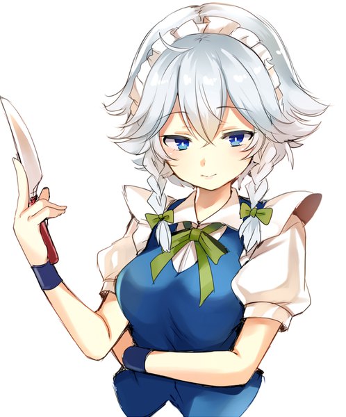 Anime picture 750x903 with touhou izayoi sakuya paragasu (parags112) single tall image fringe short hair blue eyes simple background hair between eyes white background silver hair ahoge upper body braid (braids) light smile maid puffy sleeves twin braids girl
