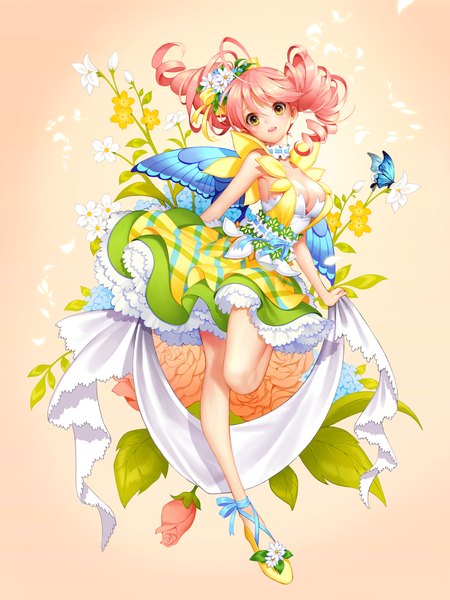 Anime picture 1500x2000 with original soo kyung oh single long hair tall image open mouth brown eyes pink hair drill hair insect wings butterfly wings girl dress flower (flowers) petals wings insect butterfly