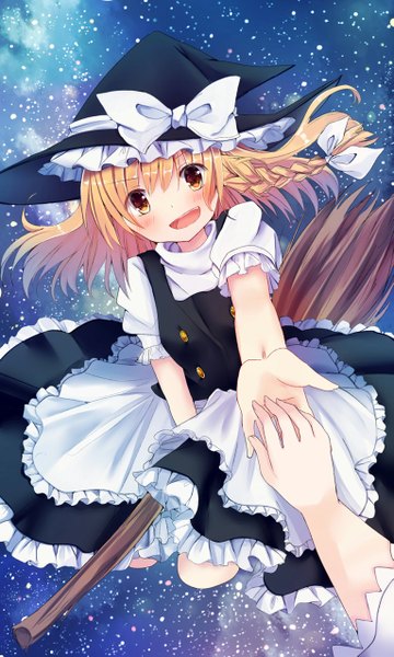 Anime picture 765x1275 with touhou kirisame marisa alice margatroid asanagi kurumi (panda-doufu) long hair tall image looking at viewer blush fringe open mouth blonde hair multiple girls yellow eyes braid (braids) :d holding hands solo focus side braid flying outstretched hand