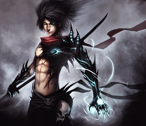 Anime picture 1500x1300 with original ninjatic single short hair black hair yellow eyes heterochromia magic glowing scar topless abs boy weapon scarf skull monster