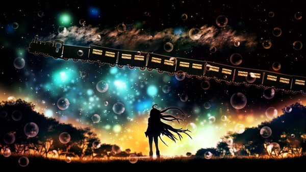 Anime picture 3840x2160 with original vocaloid ia (vocaloid) harada miyuki single highres wide image absurdres ahoge very long hair wind from behind night depth of field night sky scenic silhouette jpeg artifacts surreal girl