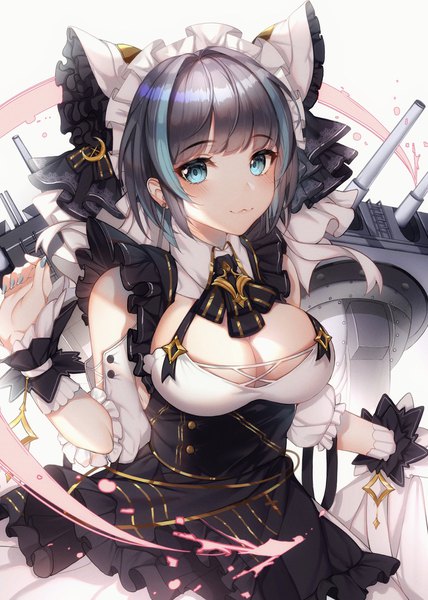 Anime picture 1462x2048 with azur lane cheshire (azur lane) kiyochii single tall image looking at viewer blush fringe short hair breasts blue eyes light erotic black hair smile large breasts standing white background cleavage blunt bangs nail polish