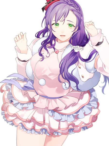 Anime picture 1200x1600 with love live! school idol project sunrise (studio) love live! toujou nozomi mihatarou single long hair tall image looking at viewer open mouth simple background white background green eyes purple hair :d fur trim low ponytail frilled dress girl dress