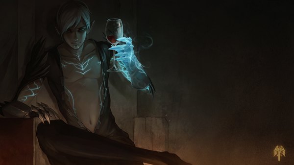 Anime picture 1920x1080 with dragon age (game) fenris sandara single highres short hair wide image sitting white hair pointy ears open clothes open shirt wallpaper glowing elf boy gloves navel wine glass wine