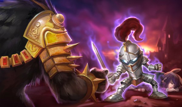 Anime picture 1024x604 with league of legends annie (league of legends) amumu (league of legends) warwick (league of legends) long hair wide image purple hair lying eyes closed knight blank eyes girl boy weapon sword armor helmet thorns lock