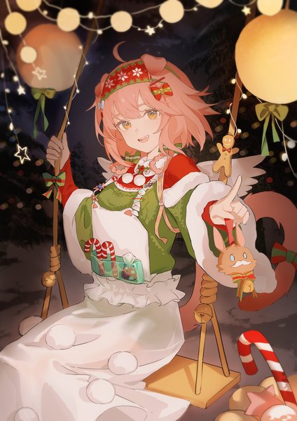 Anime picture 2480x3508 with arknights goldenglow (arknights) goldenglow (night loving servant) (arknights) pingdiguo single tall image looking at viewer fringe highres short hair open mouth hair between eyes sitting animal ears pink hair tail head tilt :d animal tail pink eyes