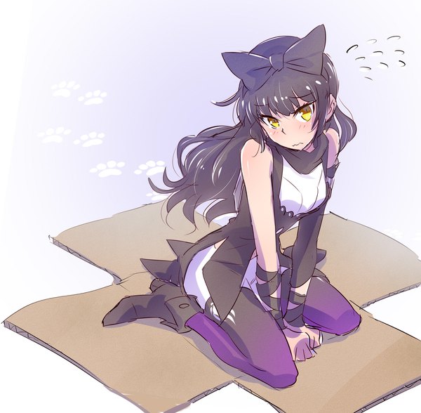 Anime picture 1794x1760 with rwby rooster teeth blake belladonna iesupa single long hair looking at viewer blush fringe highres black hair sitting yellow eyes full body sweat embarrassed sleeveless wariza wavy hair blue background