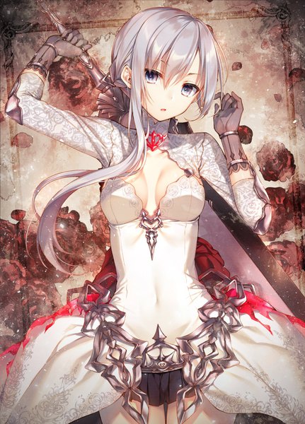 Anime picture 1058x1472 with sinoalice snow white (sinoalice) toosaka asagi single long hair tall image looking at viewer fringe breasts open mouth blue eyes hair between eyes standing holding cleavage silver hair long sleeves head tilt arms up :o