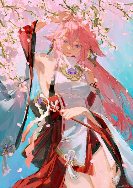 Anime picture 849x1200 with genshin impact yae miko keiuu single long hair tall image fringe hair between eyes purple eyes animal ears pink hair outdoors traditional clothes japanese clothes fox ears cherry blossoms looking down nontraditional miko girl detached sleeves