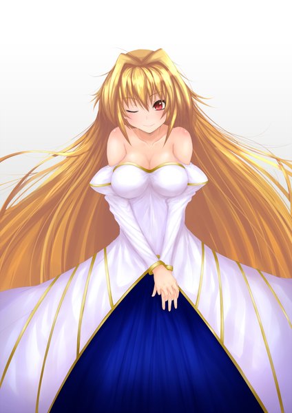 Anime picture 1488x2104 with shingetsutan tsukihime type-moon arcueid brunestud single long hair tall image blonde hair red eyes white background bare shoulders one eye closed wink girl dress