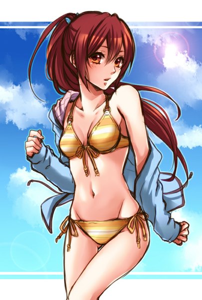 Anime picture 541x800 with free! kyoto animation matsuoka gou rio (rio 01) single long hair tall image looking at viewer blush light erotic red eyes sky cloud (clouds) ponytail red hair parted lips girl swimsuit bikini hood