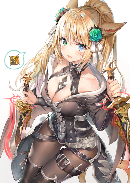 Anime picture 1100x1554 with final fantasy final fantasy xiv square enix miqo'te momoko (momopoco) single long hair tall image looking at viewer fringe breasts open mouth blue eyes light erotic simple background blonde hair hair between eyes large breasts white background holding