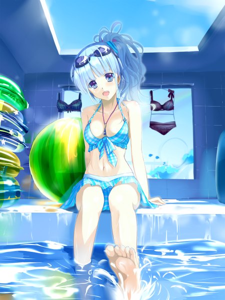 Anime picture 2000x2666 with original kyaro (kyaro54) single tall image looking at viewer blush highres short hair breasts open mouth blue eyes light erotic bare shoulders blue hair barefoot bare belly girl navel swimsuit bikini