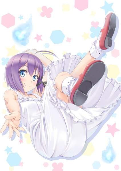 Anime picture 827x1169 with rokujouma no shinryakusha!? higashihongan sanae miri (ago550421) single tall image looking at viewer blush short hair blue eyes smile purple hair girl dress socks shoes white socks sundress