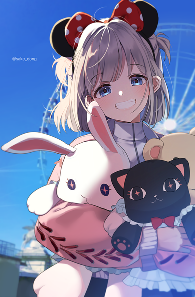 Anime picture 1327x2027 with idolmaster idolmaster shiny colors serizawa asahi sake dong single tall image looking at viewer short hair blue eyes smile animal ears silver hair outdoors two side up grin fake animal ears mouse ears girl toy stuffed animal