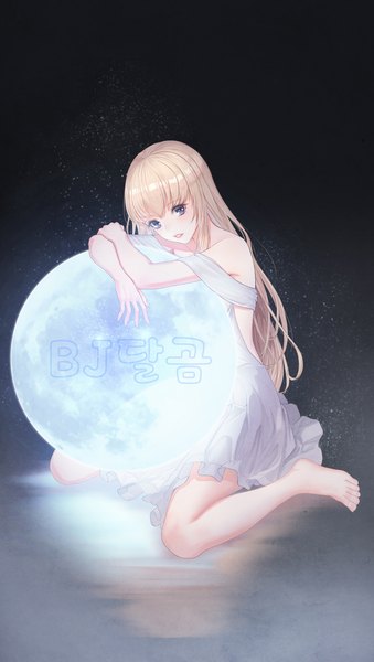 Anime picture 2444x4320 with original fintowing single long hair tall image looking at viewer blush fringe highres blue eyes blonde hair sitting full body parted lips head tilt barefoot text hieroglyph wariza dark background