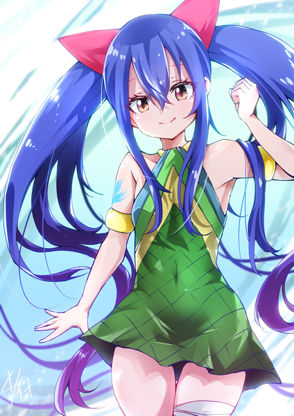 Anime picture 2480x3508 with fairy tail wendy marvell yanagiba sakana single tall image looking at viewer fringe highres smile hair between eyes twintails brown eyes blue hair very long hair sleeveless covered navel girl dress short dress