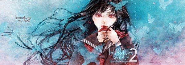 Anime picture 2378x842 with original immature works 2 (artbook) enta shiho single long hair looking at viewer fringe highres black hair red eyes wide image upper body parted lips lips realistic orange eyes copyright name floating hair text finger to mouth